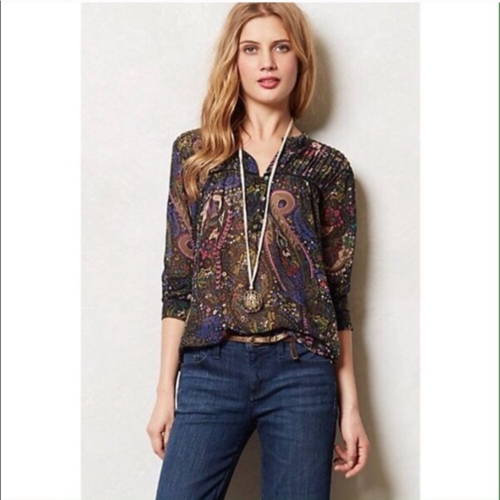 Anthropologie Dolan Odessa Paisley Purple Print Blouse V neck Sheer